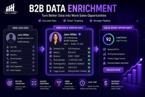 B2B data enrichment process transforming raw lead data into verified prospect profiles with intent signals, lead scoring, and sales-ready opportunities.