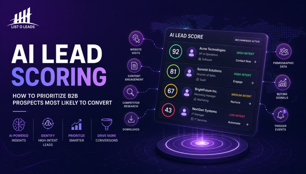 AI lead scoring dashboard prioritizing high-intent B2B prospects using buying signals, engagement data, and predictive lead scores.