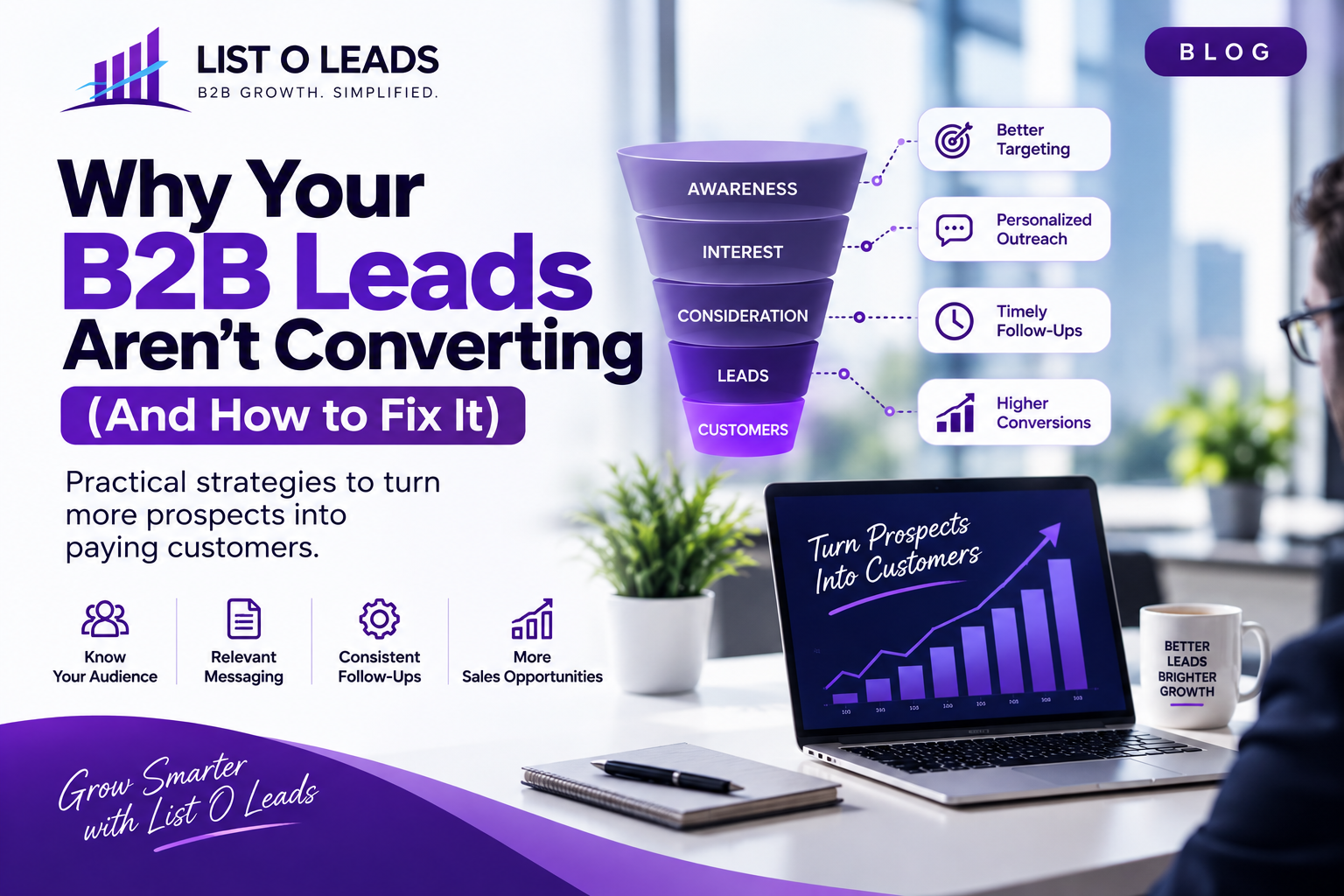 B2B lead conversion strategies illustrated with a sales funnel, better targeting, personalized outreach, timely follow-ups and customer growth.
